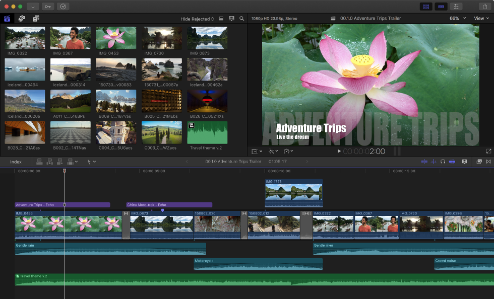 Final Cut Pro 窗(chuāng)口，顯示浏覽器(qì)、檢視(shì)器(qì)和(hé)時(shí)間(jiān)線